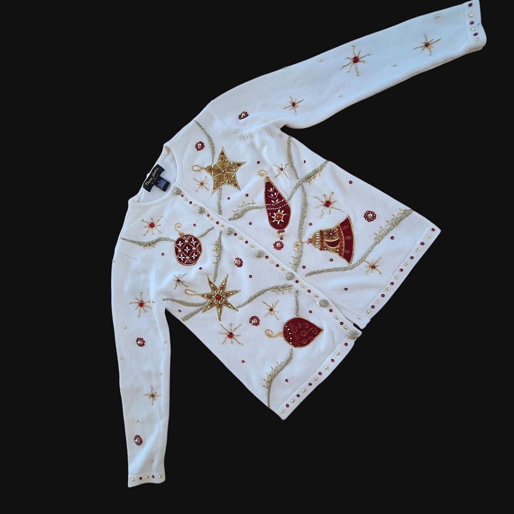 Vintage 90's KIKIT Christmas Sweater Cream Embellished Ornaments Cardigan size S - Picture 6 of 16